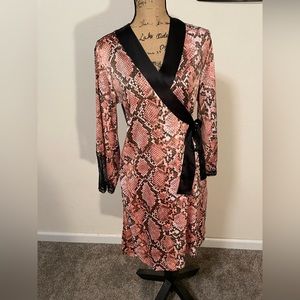 Victoria's Secret Satin Snake Skin Print, Black Lace Kimono Robe